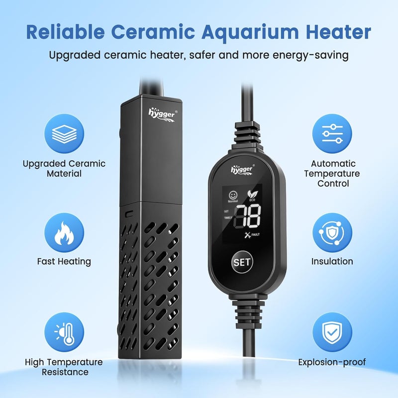 Hygger سخان حوض السمك، سخان سيراميك مطور 50 واط لحوض السمك الصغير مع وحدة تحكم LED رقمية، تسخين سريع، تحكم دقيق في درجة الحرارة، سخان حوض السلاحف للمياه العذبة/المياه المالحة - Image 2
